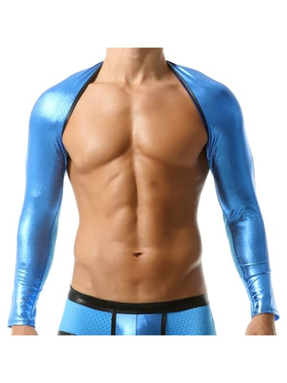 Men's Faux Leather Arm Sleeves Shrug Open Front Mesh Back Crop Top Clubwear